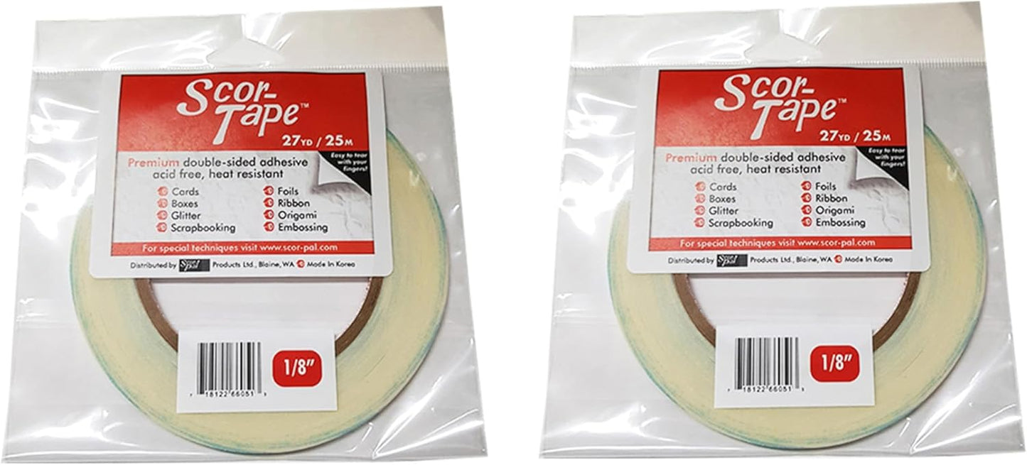 Scor-Tape 1/8" Double-Sided Adhesive Tape, 27 Yards x 2 Rolls, Acid-Free, Ultra-Thin, Perfect for Card Making, Scrapbooking & Paper Crafts, Multi-Pack Value
