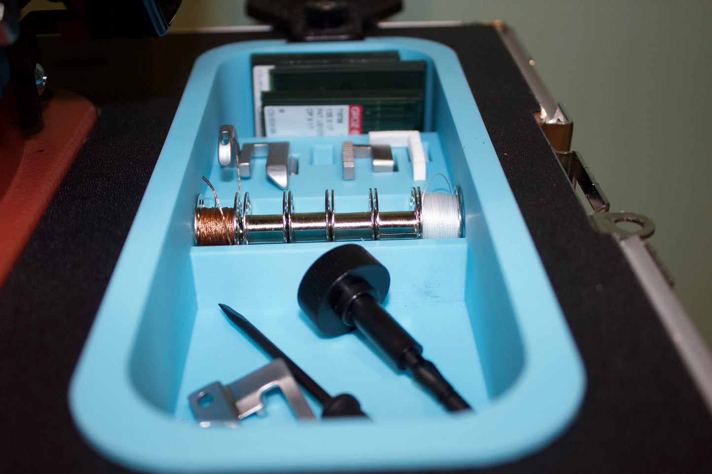 Accessory tray from a side view with tools