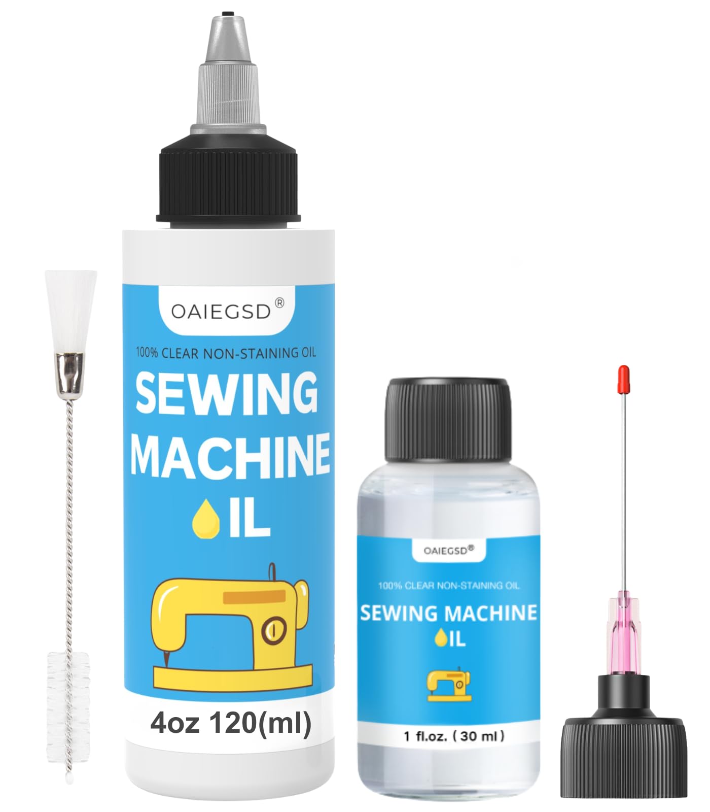1oz Fine Light Sewing Machine Oil and Cleaning Kit, Includes Needle Tip Applicator & Dual-Ended Brush, Home & Industrial Mineral Sewing Machine Oil and Lubricant for Textile Machinery, by OAIEGSD