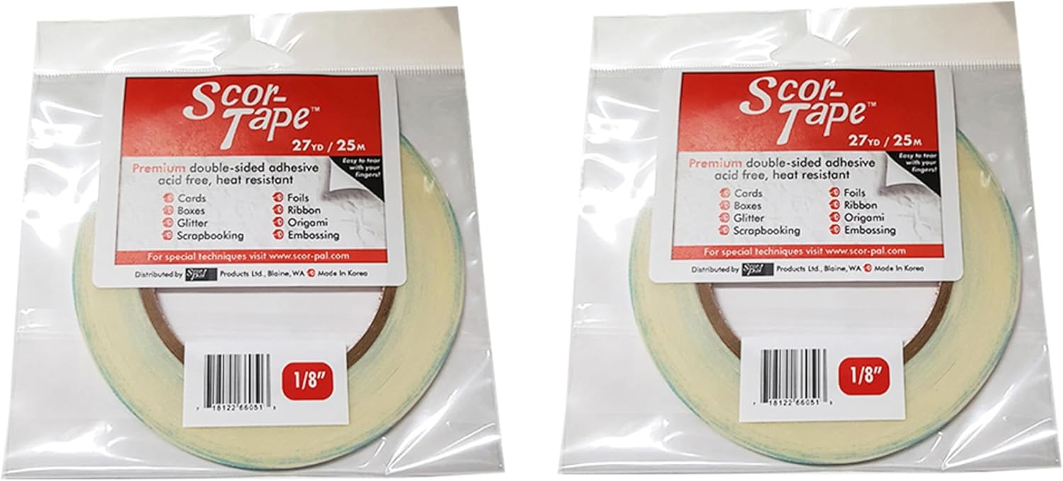 Scor-Tape 1/8" Double-Sided Adhesive Tape, 27 Yards x 2 Rolls, Acid-Free, Ultra-Thin, Perfect for Card Making, Scrapbooking & Paper Crafts, Multi-Pack Value