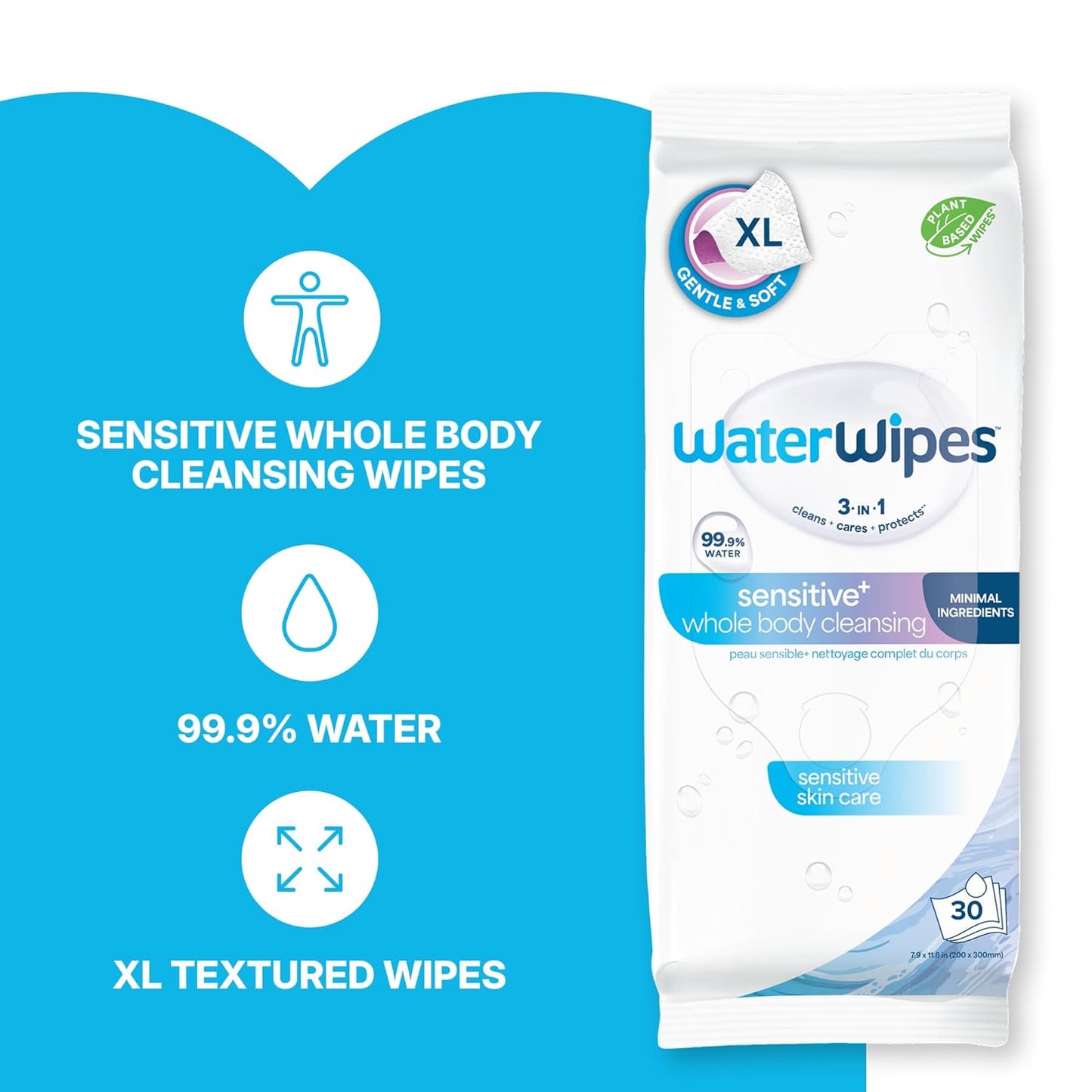 WaterWipes Sensitive Whole Body Cleansing Wipes, 99.9% Purified Water, XL Textured Wipes, Incontinence Care, Fragrance Free, 90 Count