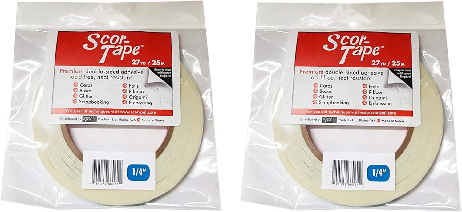 Scor-Tape 1/4" Double-Sided Adhesive Tape, 27 Yards x 2 Rolls, Acid-Free, Ultra-Thin, Perfect for Card Making, Scrapbooking & Paper Crafts, Multi-Pack Value