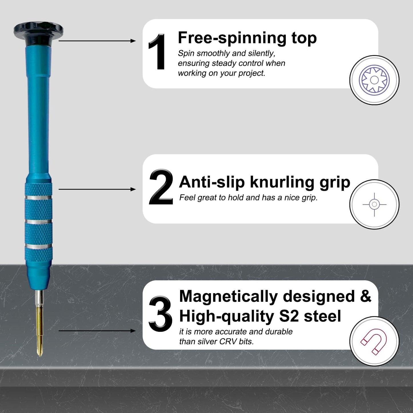 Precision Screwdriver Phillips #00 2mm, Magnetic S2 Steel Tip | Free Spin Cap, Anti-slip Grip, Electronic Screwdriver for Game Console/Controller, Drone, Laptop, Table, Phone