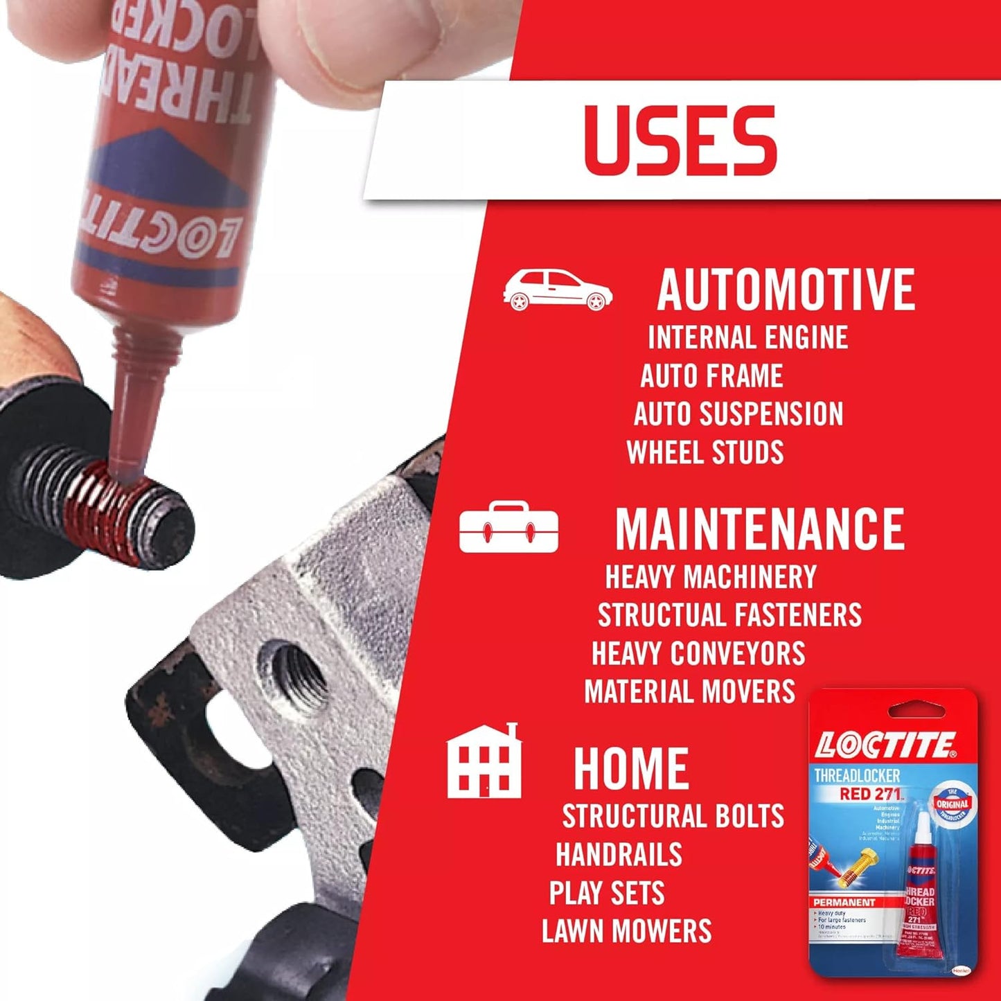 Loctite Threadlocker Red 271 - Permanent Thread Lock Glue for Nuts, Bolts, & Fasteners, High Strength Screw Glue to Prevent Loosening & Corrosion - 6 ml, 1 Pack