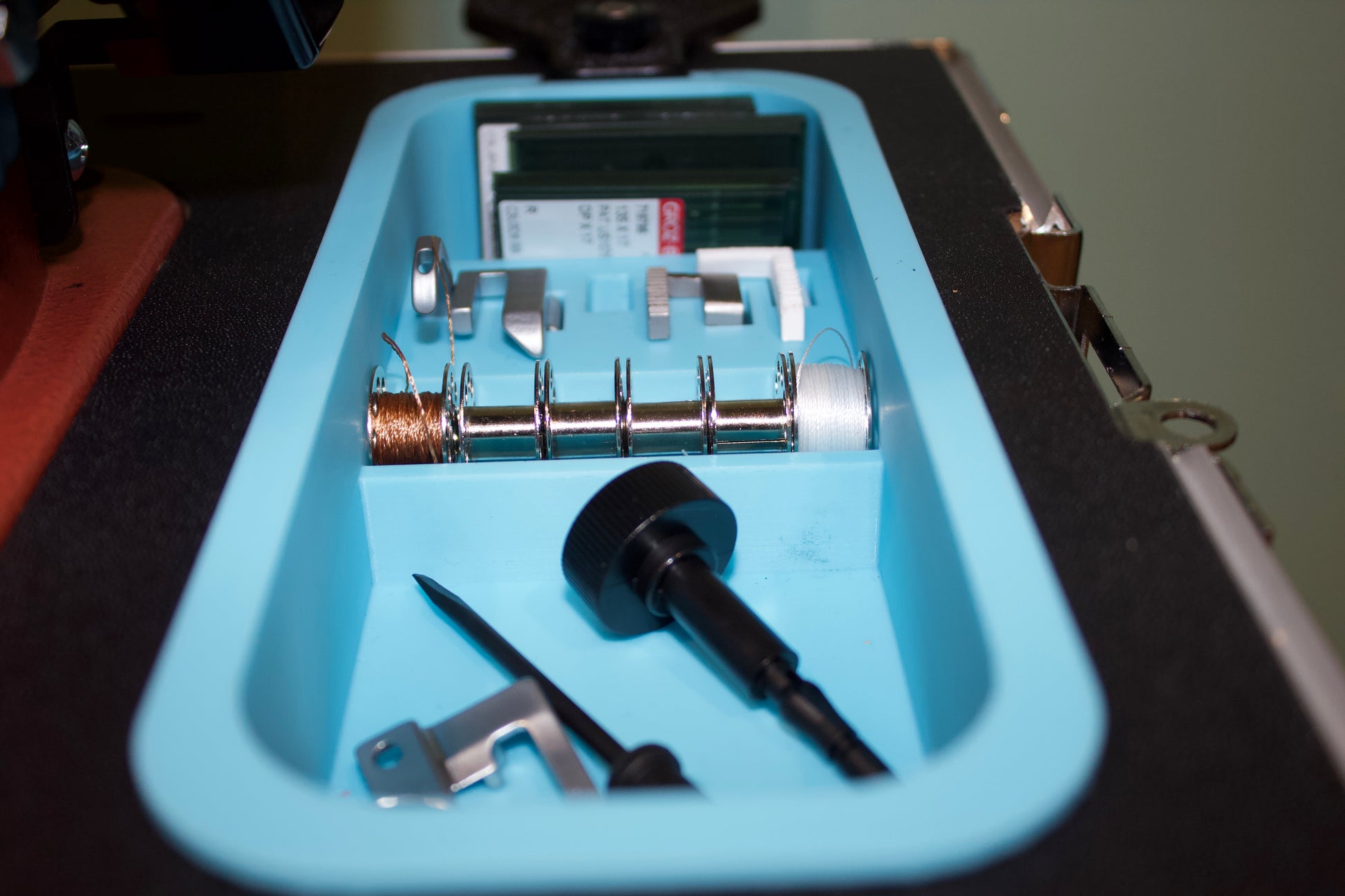 Accessory tray from a side view with tools