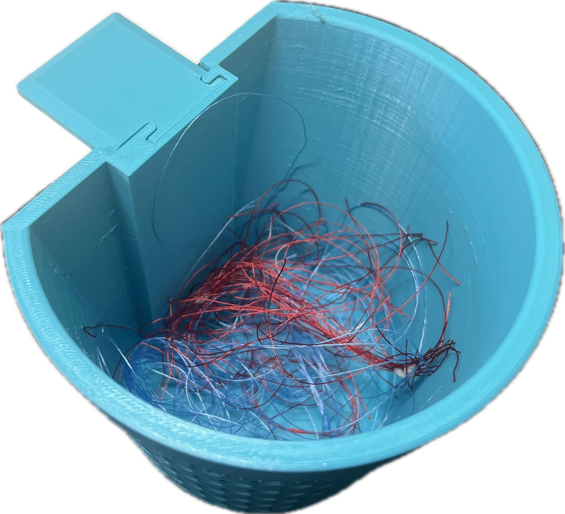 Blue thimble-shaped container bin with threads inside